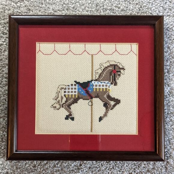 Carousel horse needlepoint set of 6 framed and matted handcrafted - Picture 3 of 10